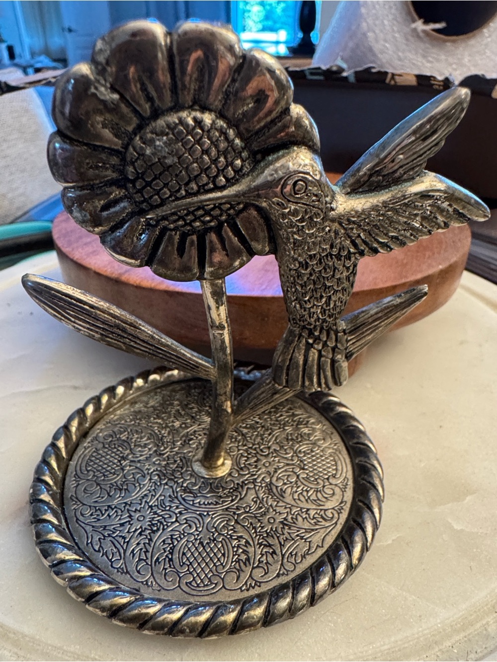 Vintage Decorative Hummingbird & Sunflower silver tone trinket dish